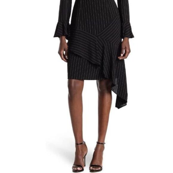 New Focus by Shani Pinstriped Asymmetrical Dress with Ruffle Hem Bell Sleeves 4 - Picture 7 of 10